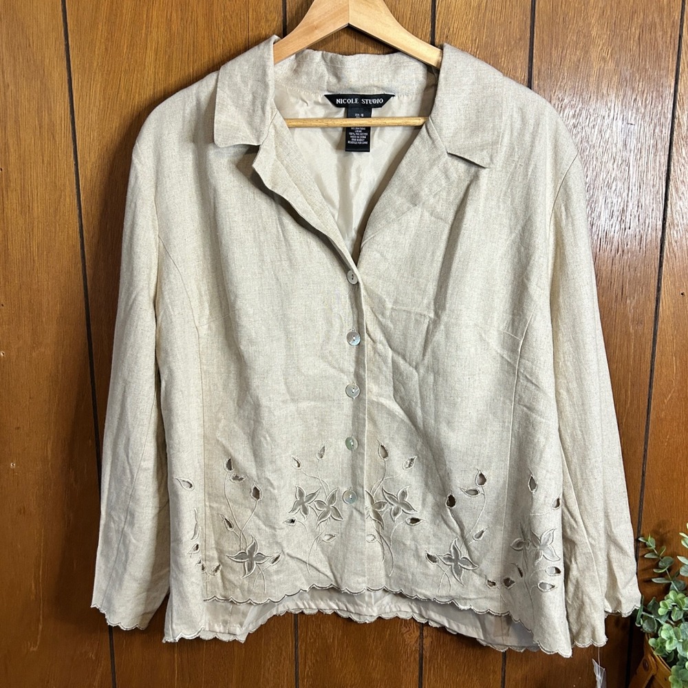 Vintage Nicole Studio Women's Linen‎ Blend Button Front Embroidered Cottagecore